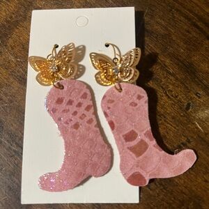 Pink Boot Leather Dolly Parton Inspired Earrings with Gold Butterfly Accents